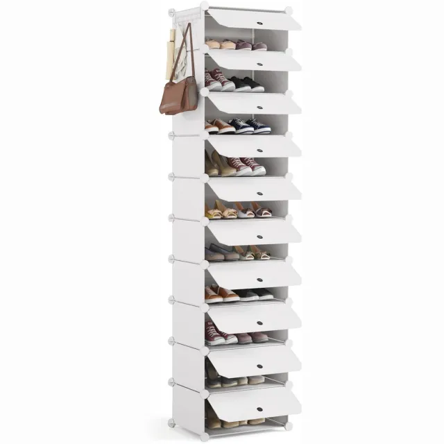 Famanu Schoenenopbergkast, modulair schoenenrek, kubusvormige kunststof schoenorganizer met deur, stofdicht en waterdicht, voor 20 paar schoenen, wit