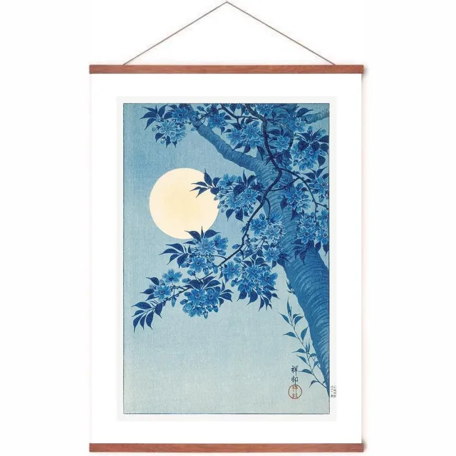Esque Poster In Posterhanger - 'Bloeiende Kers in het Maanlicht' - Kader Hout - Ohara Koson - 70x50 cm - Kunst - Ophangsysteem Blauw