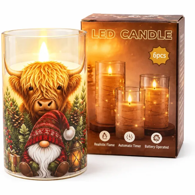 SWGOTA led kaarsen - kerstkaars met koe en kerstkabouter, 7,5 x 12,5 cm, warm licht, kunststof, op batterijen, zonder batterijen Multicolour
