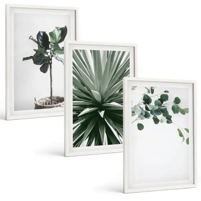 Coloray 3-Delige Schilderij Set - Groene Planten In Een Minimalistische Stijl - 40 x 60 - Wanddecoratie - Woonkamer Decoratie - Moderne Wanddecoratie Witte lijst