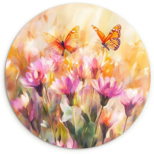 WallCircle Wandcirkel 90x90 cm - Muurcirkel Vlinders - Oranje - Bloemen - Muurdecoratie woonkamer - Wanddecoratie slaapkamer - Kamer decoratie accessoires - Ronde schilderijen Vlinders - Kleurrijk