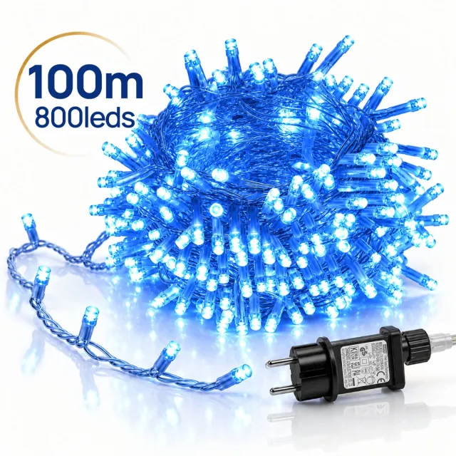 LAPAMAX LED Lichtsnoer - Kerstverlichting 100 m 800 LEDs Blauw - Zonder Tail Plug - 31 V Laagspanning met Timer, Geheugen en 8 Lichtstanden - Kerstboomverlichting met Adapter en 3 m Aanloopsnoer