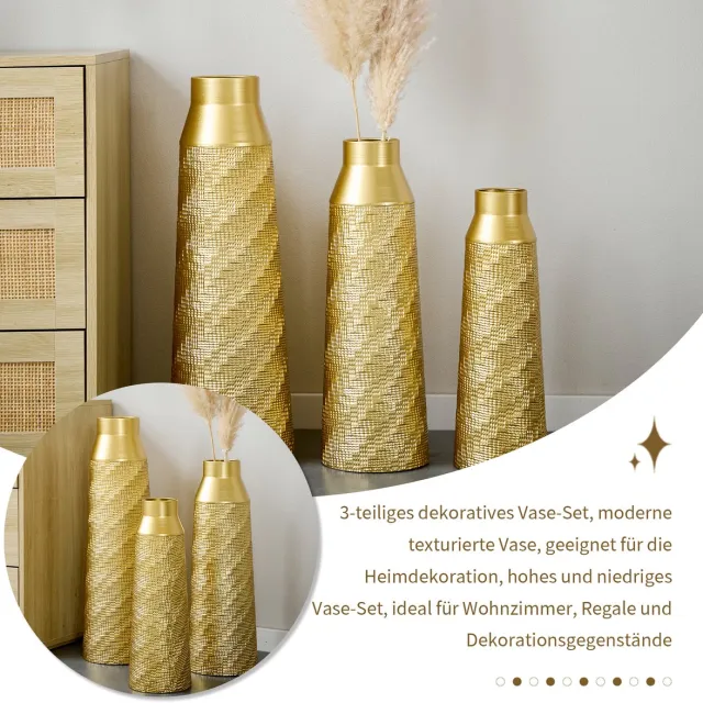 MIVRAY Vaas – 3-Delige Set met Handverfijnde Textuur – 61 51 43,5 cm – Metaal – Goud – Decoratie voor Woonkamer Hal en Dressoir