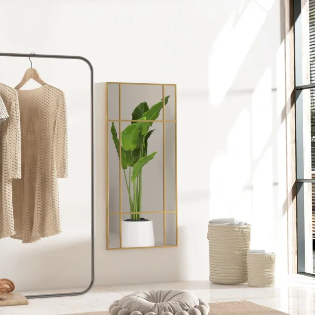 MIVRAY Wandspiegel – Rasterontwerp Met Veiligheidsfolie – 110 x 50 cm – Glas En Metaal – Goud – Voor Hal Badkamer Of Slaapkamer