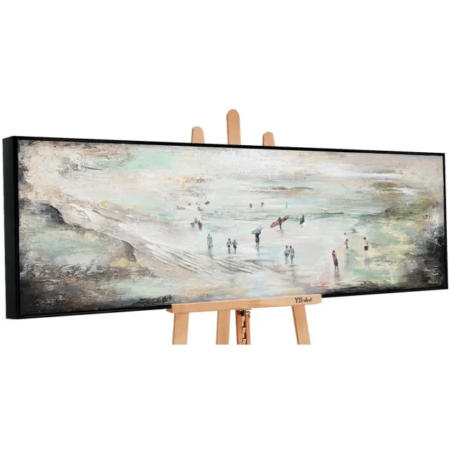 YS Canvas schilderij panoramisch handgeschilderd surfen golven zee – YS-Art Gallery – Avontuurlijke wanddecoratie voor woonkamer – Modern schilderij voor hal en kantoor Black