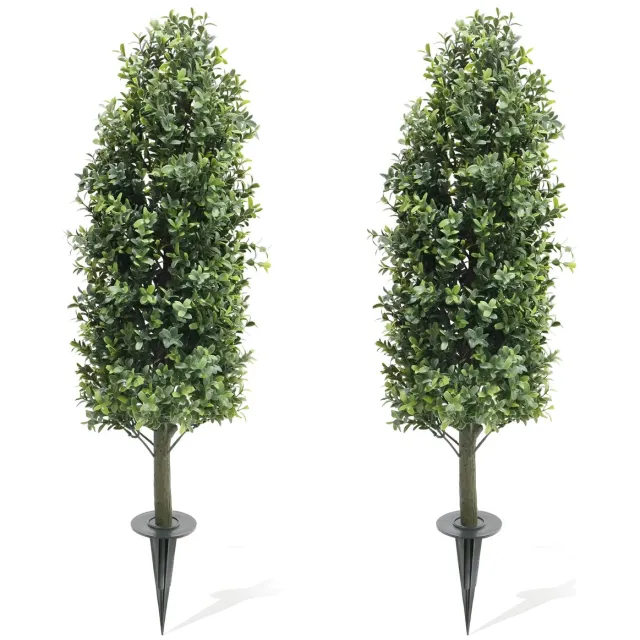 Happiq Kunstmatige Buxus Topiary Struiken Set 2 Stuks 90 cm - Kunstplant - Met Grondspike - Voor Tuin & Veranda - Groen