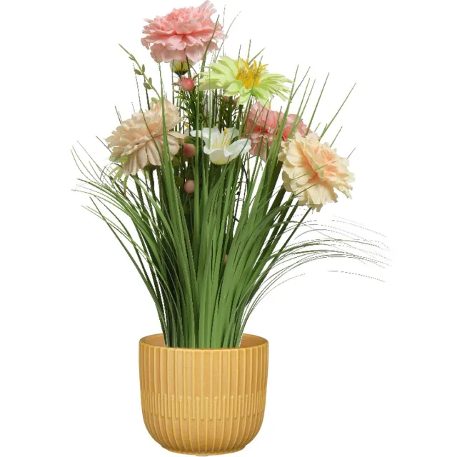 Everlands Kunstbloemen boeket roze - in pot okergeel - keramiek - H40 cm