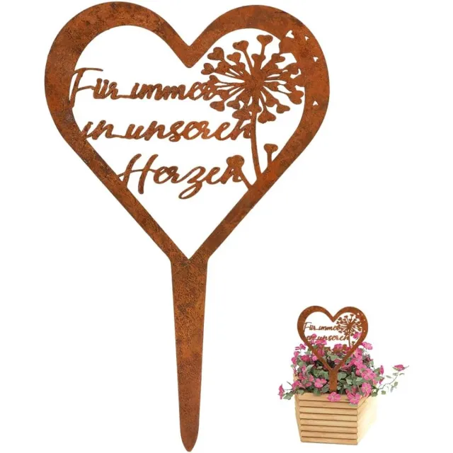Ynkkvre Grafdecoratie - metalen grafsteeker hart - weerbestendig en duurzaam - staal - roestlook met bloemenmotief - geschikt voor graf en herdenkingsdecoratie Bruin