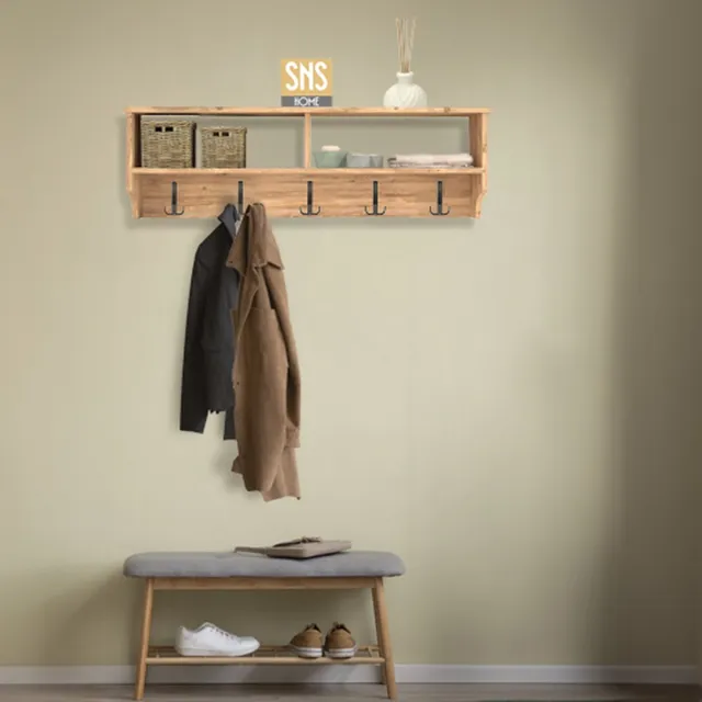 Dekornik Gesegmenteerd Decoratieve Kapstok - Kapstok Voor Woonkamer - Slaapkamer Kapstok - Esthetische Plank - 5x3 Haak - Gangpad - Schoen Top Kapstok - 120 cm - Pijnboom/Grenen