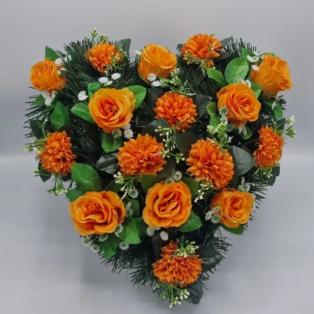 Herdenkingslichtjes Bloemstuk - W113/03 - W932/05 - Hart - Roos - Chrysant - Oranje - 40cm - Verzwaard - Buigzaam - Grafdecoratie