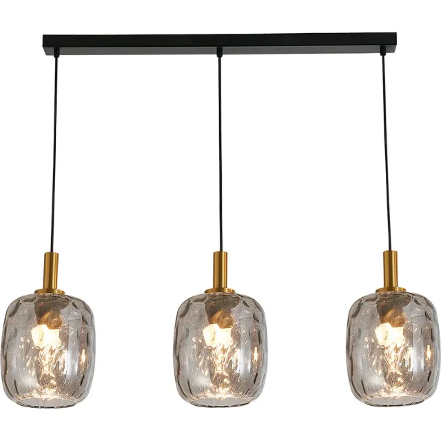 Fantasia Astrid hanglamp balk 3x E27, zwart stalen frame met 3 kappen van asgrijs glas Ø180 mm, breedte 830 mm, dimbaar, IP20 zwart + as grijs