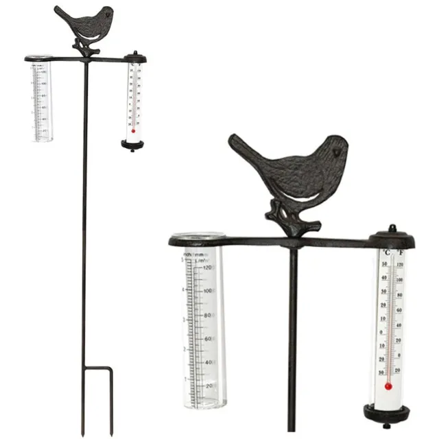 Meuwissen Agro Regenmeter en thermometer Koolmees - 83 cm - Gietijzer en glas