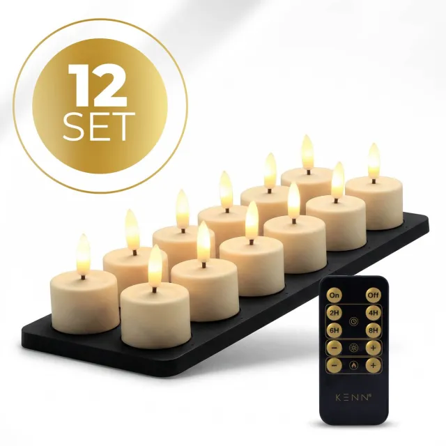 KENN GlowPro™ Oplaadbare Waxinelichtjes – Tot 350 Branduren – Set van 12 – Ivoor – Met Afstandsbediening – Magnetisch Oplaadstation – Timer – Realistische Wax Look & Feel – LED Waxinelichtjes – Oplaadbare Theelichtjes – Oplaadbare Kaarsen – Horeca
