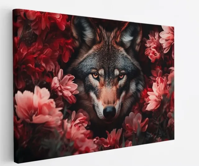 Saammp Canvas Schilderij - Wolf tussen de rode bloemen - Abstract - Dieren - Natuur - 70x50 - Foto op canvas - Wanddecoratie - muurdecoratie Woonkamer - Slaapkamer decoratie - Canvas Print Multicolor