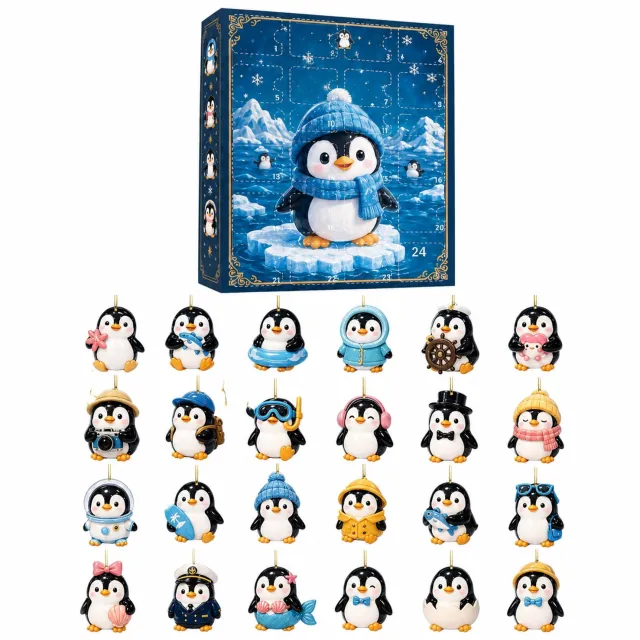 SWGOTA Adventskalender met 24 platte pinguïnhangers - Zeemeermin en andere figuren - Kerstboomdecoratie in kartonnen doos Zwart