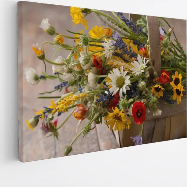 Saammp Canvas Schilderij - Bloemenmand met Wilde Bloemen - Natuur - Abstract - 45x30 - Foto op canvas - Wanddecoratie - Muurdecoratie Woonkamer - Kantoor Decoratie Multicolor