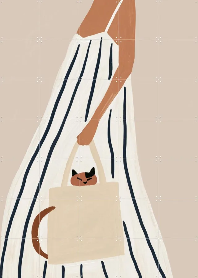 IXXI Cat In The Bag, Atelier Pommeline - 100 x 140 cm - Grote wanddecoratie en posters - Minimalisme, Modern, Illustraties, Gang, Woonkamer Wit / Beige
