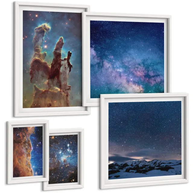 Coloray 5-Delige Schilderij Set - Kosmische Landschappen Van Sterrenstelsels En Nevels Aan De Nachtelijke Hemel - 50 x 50 cm, 20 x 30 cm En 40 x 60 cm - Muurdecoratie - Interieur Decoratie Witte lijst