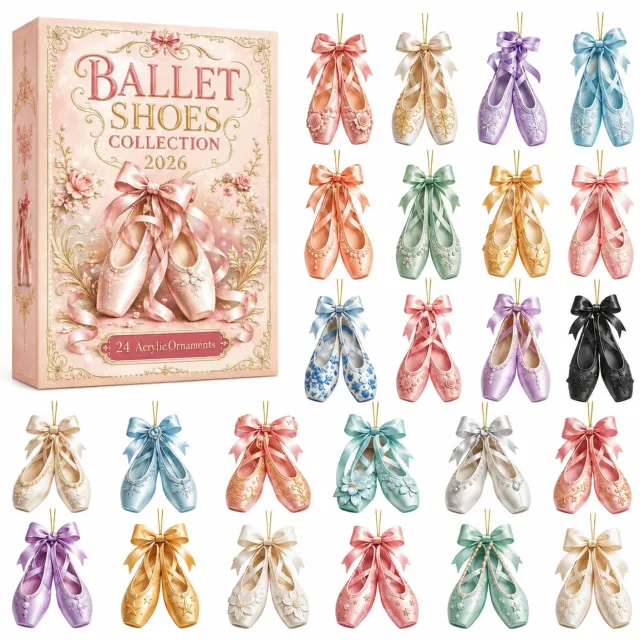 SWGOTA Adventskalender 2026 met 24 balletschoenornamenten - met strikken en ophanglussen - doos 26 x 18 x 3 cm Roze