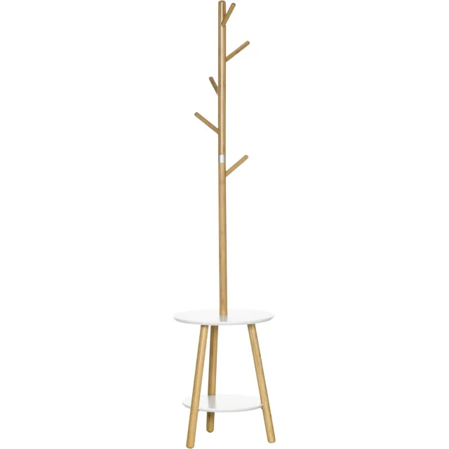 Lunpog Staande Kapstok met Tafeltje - 39,5 x 39,5 x 171 cm - 5 haken - 2 legplanken - massief bamboehout Bois naturel