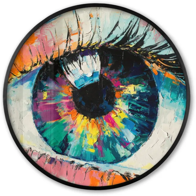 FrameYourWall Poster in lijst Rond - Fotolijst 60x60 cm - Posters - Schilderij - Olieverf - Oog - Kleuren - Ronde posterlijst zwart - Decoratie - Wanddecoratie woonkamer - Muurdecoratie slaapkamer Multicolor
