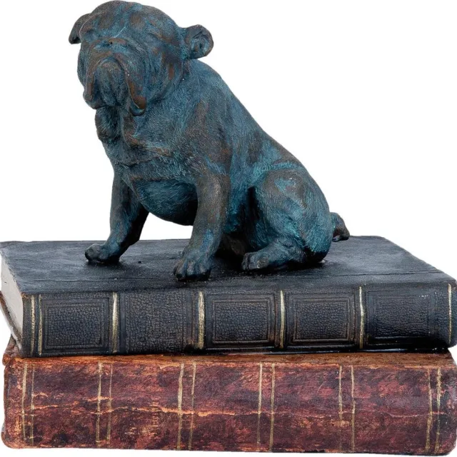 Clayre & Eef Decoratie hond - Buldog - op boeken - 18 x 14 x 17 cm blauw