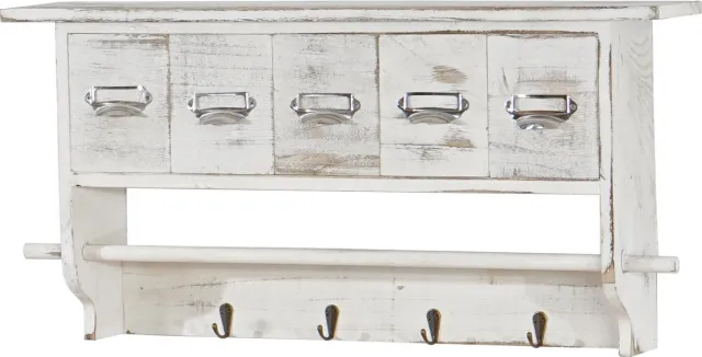MCW Kapstok MCW-C49, wandkapstok wandplank, vintage met 5 laden 32x65x13cm ~ shabby look, wit