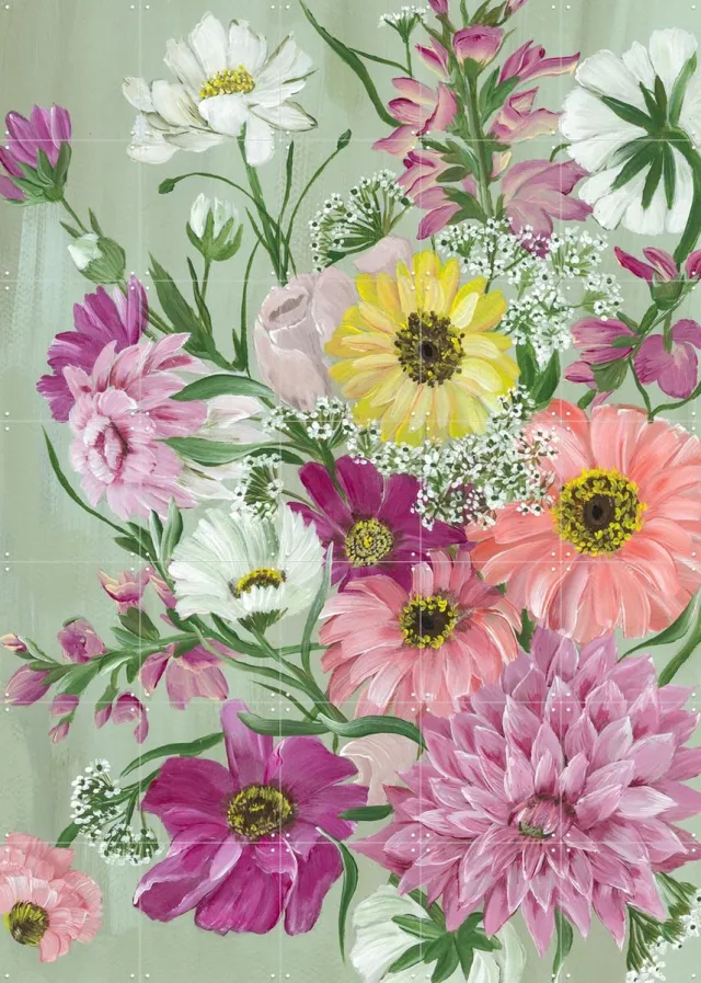 IXXI Pastel Bouquet, Lens en penseel door Myrte - 100 x 140 cm - Grote wanddecoratie en posters - Illustraties, Schilderijen, Eetkamer, Woonkamer Groen / Roze