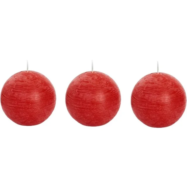 Spaas rustieke bolkaars - rood - 3x - D8 cm - 24 branduren - ronde kaarsen