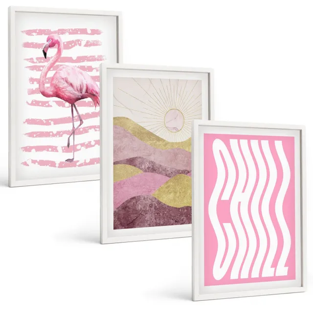 Coloray 3-Delige Schilderij Set - Roze Flamingo'S, Pastelkleurig Berglandschap, Relaxte Belettering - 40 x 60 - Muurdecoratie - Decoratieve Schilderijen - Wohnzimmer - Wanddecoratie Witte lijst