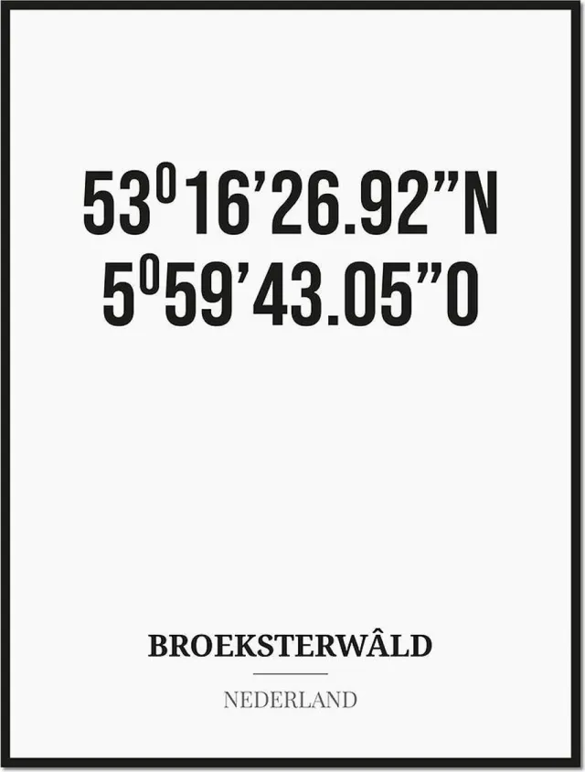 Studio216 Poster/kaart BROEKSTERWÂLD met coördinaten zwart, wit
