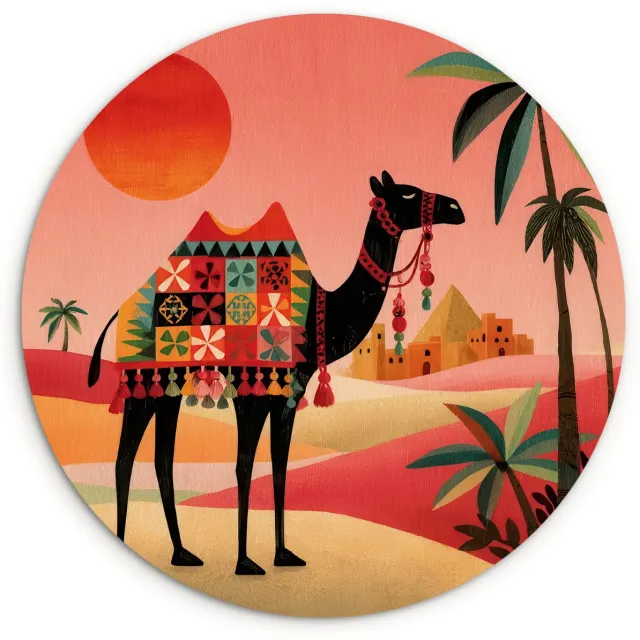 WallCircle Wandcirkel 140x140 cm - Muurcirkel Kameel - Gekleurd tapijt - Duinen - Rode zon - Muurdecoratie woonkamer - Wanddecoratie slaapkamer - Kamer decoratie accessoires - Ronde schilderijen Kameel - Duinen - Zon