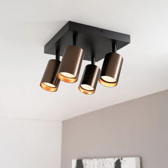 LUSENZ Taurus bronzo II II by LUSENZ - Vierkante 4-lichts plafondspot met kantelbare geborstelde bronzen spots en matzwarte basis Brons