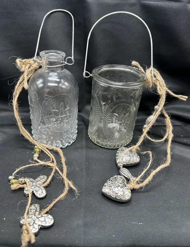 Impuls Glazen deco vaasjes met motief & touw en steentjes/kraaltjes - Set van 2 stuks - transparant + motief - zilverkleurig-groen - hoogte 24x8x7/20x7x7 cm - Woonaccessoires - Woondecoratie
