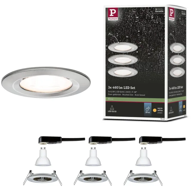 Paulmann LED-inbouwlamp Nova Basisset star IP44 rond 78 mm GU10 3x6,5W 3x460lm 230V 2700K Staal geborsteld