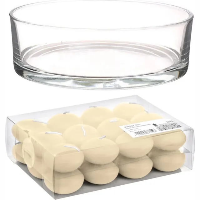 Trend Candles Cadeau set/Sfeer set van een lage luxe transparante vaas 8 x 25 cm met 24x creme witte drijfkaarsen 4.5 cm