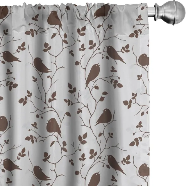 ABAKUHAUS Vogelgordijnen – 2x75x245 cm – Tweetende mussen – donkerbruin en grijs Seal Brown