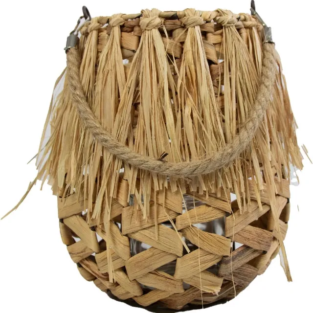 Mars & More windlicht rond met franjes - bruin - hoogte 27 cm