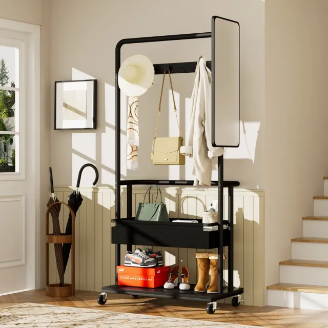 MEUNIQ Kledingrek met wielen, spiegel en opbergmand – metalen frame met open vak, 70 x 40 x 170 cm – mobiele garderobestandaard voor hal en slaapkamer – zwart