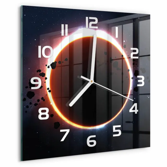 TULUP Wandklok - zonsverduistering Wandklok Glas Decoratie - 30x30 cm - Oranje Gekleurde Glazen Klok - Witte handen - Vierkante Klok - Klok Glas Met Opdruk - Moderne Wandklok Glas