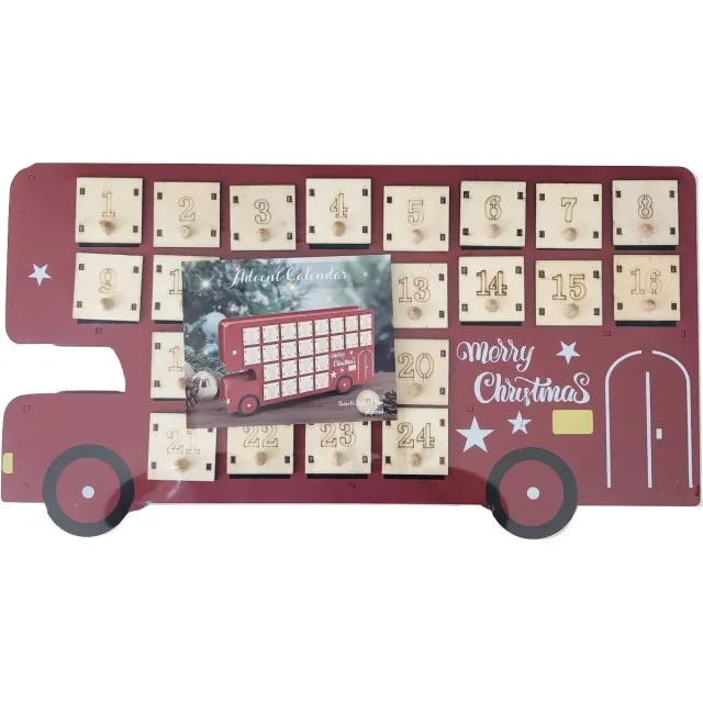 Flexible Adventskalender - Bus met genummerde vakjes - 41,5 x 8 x 22,5 cm - Rood Bruin