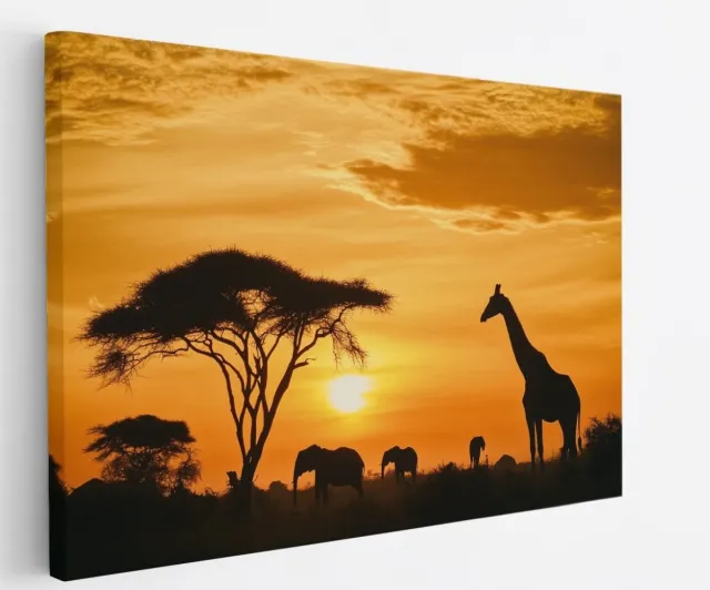 Saammp Canvas Schilderij - Olifanten silhouet - Dieren - 60x40 - Foto op canvas - Wanddecoratie - muurdecoratie Woonkamer - Slaapkamer decoratie - Canvas Print Multicolor