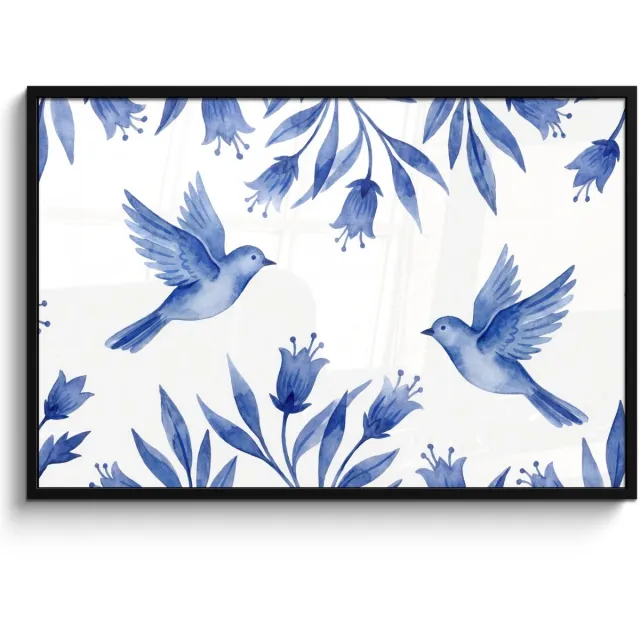 FrameYourWall Poster in lijst - Fotolijst 120x80 cm - Posters - Modern - Vogels - Delfts - Blauw - Posterlijst zwart - Decoratie - Wanddecoratie woonkamer - Muurdecoratie slaapkamer