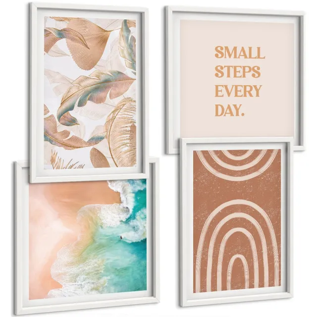 TULUP 4-Delige Schilderij Set - Verfijnde abstracte boho-motieven, bladeren en letters - 40x40 en 40x60 - Wanddecoratie - Schilderijen Set - Interieur - Woonkamer Decoratie Witte lijst