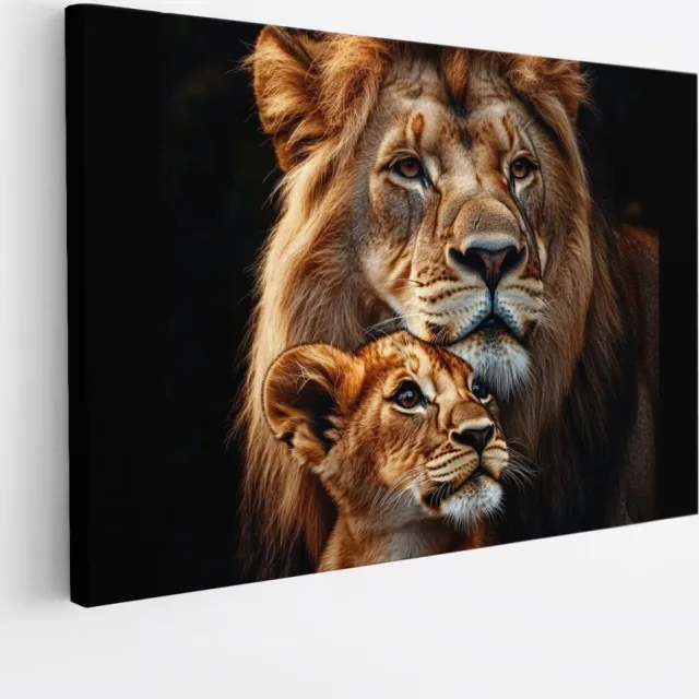Saammp Canvas Schilderij - Leeuw en welp bij elkaar - Dieren - Natuur - 45x30 - Foto op canvas - Wanddecoratie - Muurdecoratie Woonkamer - Slaapkamer decoratie - Canvas Print Multicolor