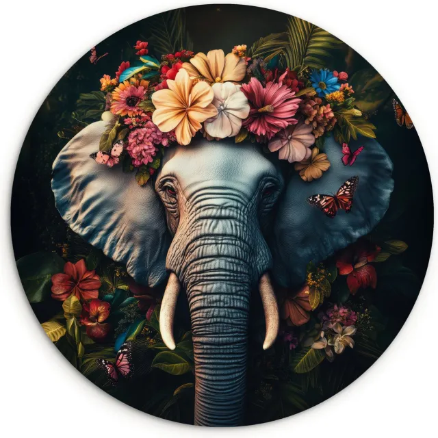 WallCircle Wandcirkel 60x60 cm - Muurcirkel Olifant - Dieren - Bloemen - Natuur - Muurdecoratie woonkamer - Wanddecoratie slaapkamer - Kamer decoratie accessoires - Ronde schilderijen