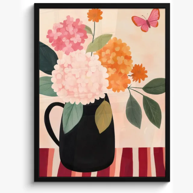 FrameYourWall Poster in lijst - Fotolijst 50x70 cm - Posters - Vaas - Bloemen - Vlinder - Rood - Posterlijst zwart - Decoratie - Wanddecoratie woonkamer - Muurdecoratie slaapkamer