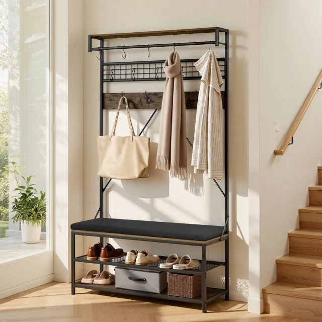 Vevor Halgarderobe 1015 X 400 X 1830 mm, Kapstok met Schoenenbankje en Schoenenplank (2 Niveaus), Vrijstaande Garderobe met Metalen Rooster en Kledingstang, Ideaal voor De Hal Of Slaapkamer. Zwart + Bruin