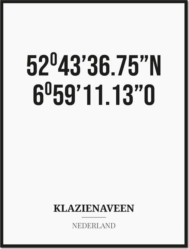 Studio216 Poster/kaart KLAZIENAVEEN met coördinaten zwart, wit