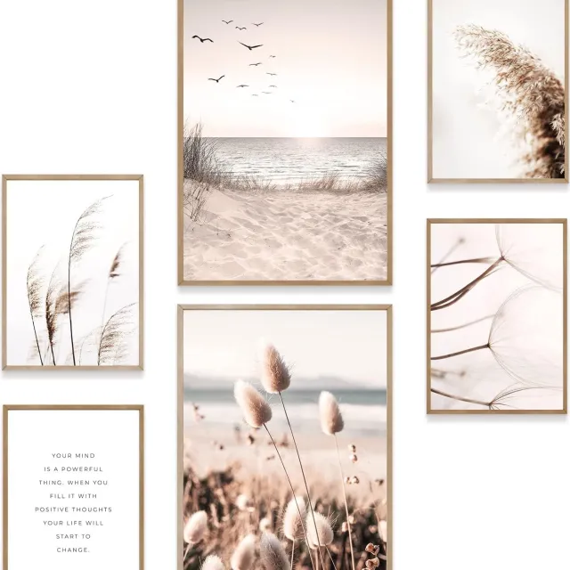 MUUDLY Poster Set Zee & Pampas Gras - 6 Natuurlijke Wandprints Beige (A3/A4)